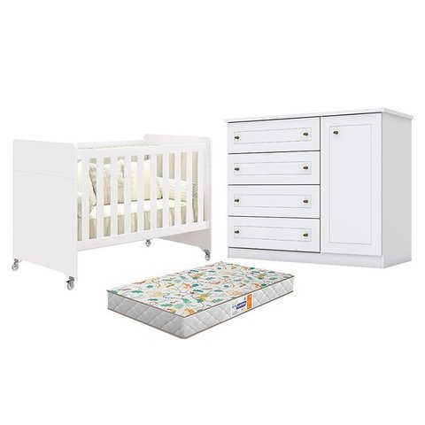 Berço Americano Evolution 4 em 1 Branco Acetinado Reller e Cômoda Americano Branco Hp e Colchão Gazi