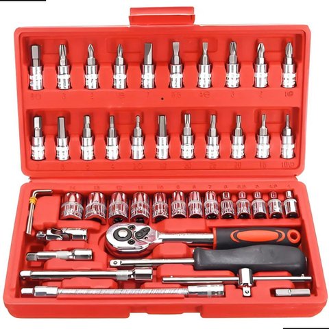 Kit Jogo de Soquetes e Bits 1/4 com Chave Catraca Reversível 46 Peças em Aço Crv com Maleta Profissi