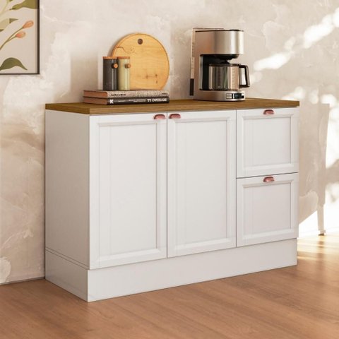 Conjunto Balcão 120cm e Tampo 120cm Unna - Branco/Carvalho Oak