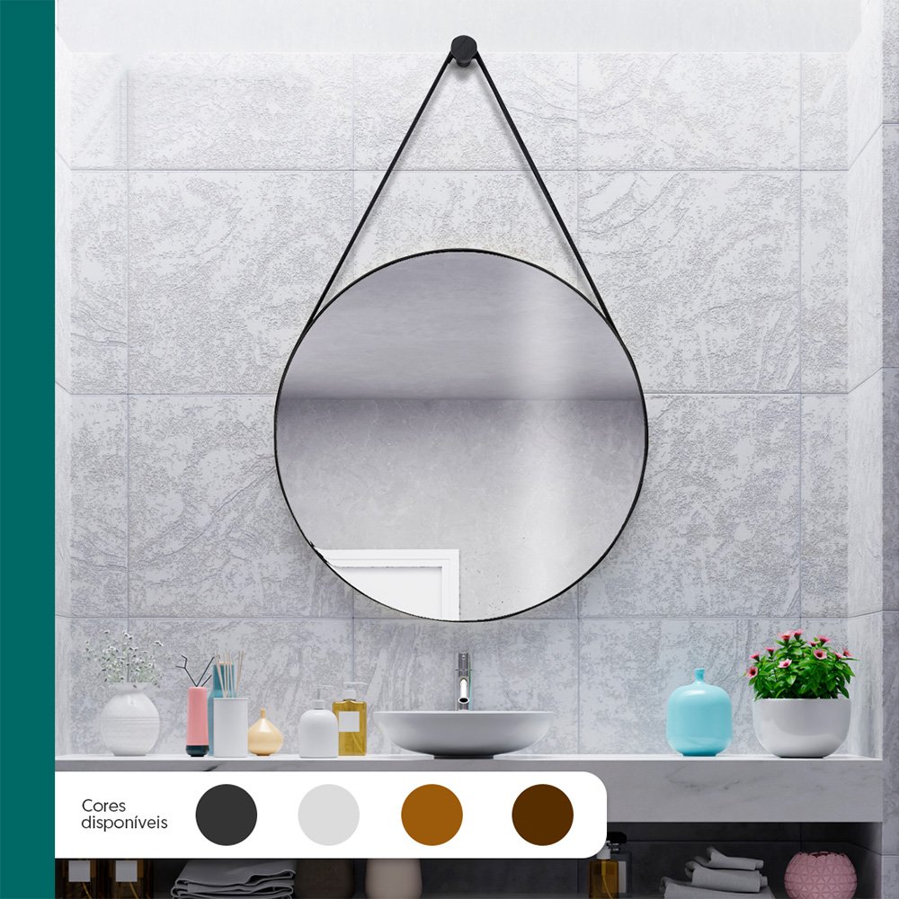 Espelho Redondo Decorativo Banheiro Adnet 60cm + Pino Landi Preto