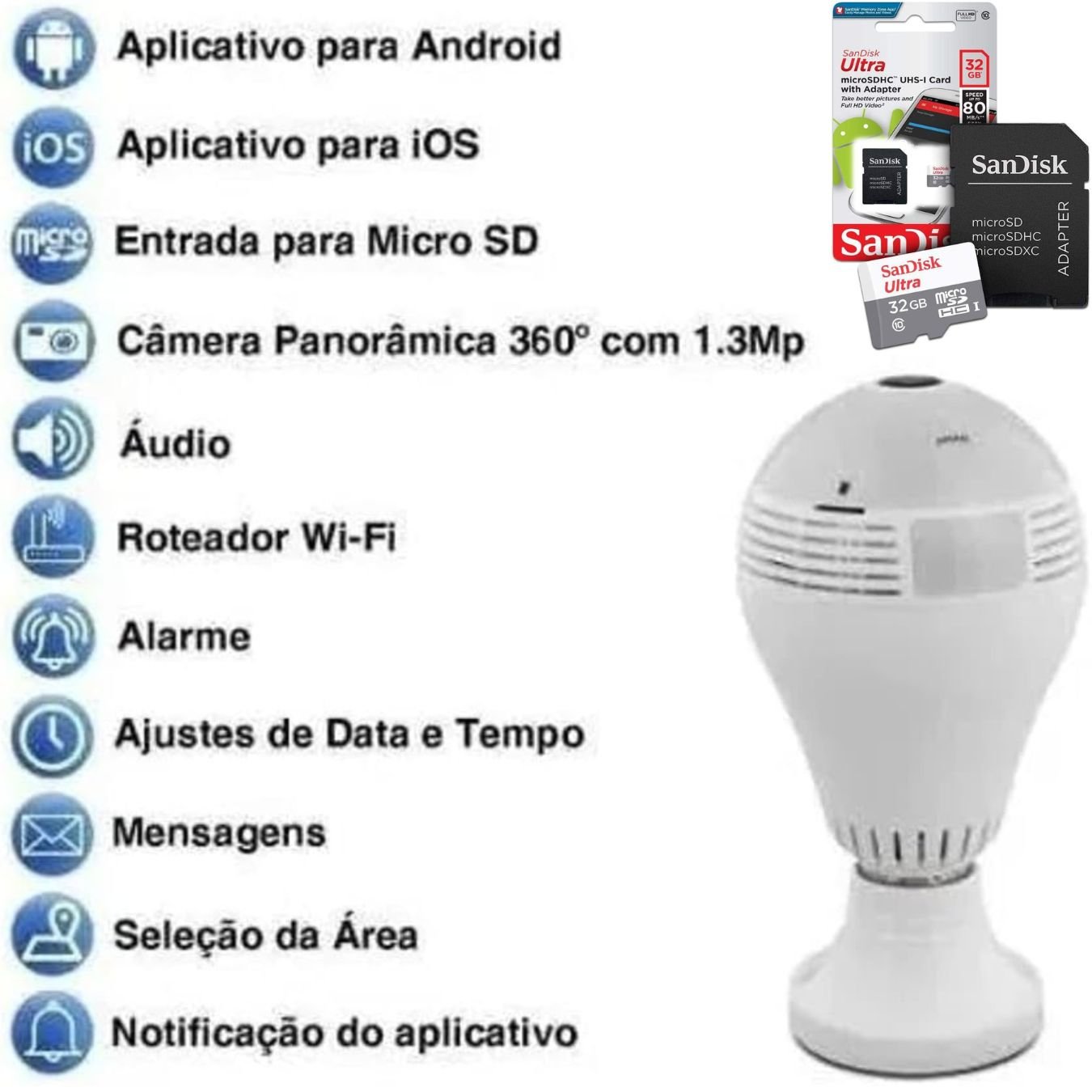 Lâmpada Câmera Ip V380 Espiã Panorâmica Mais Cartão 32gb - 9