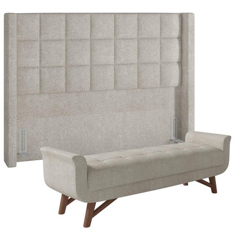 Kit Cabeceira Cama Box Paris 195 Cm com Puff Recamier Itália P05 Bouclê Creme - Lyam Decor