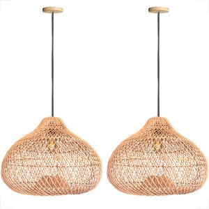 2 Pendente Fibra Natural Rattan Boho Gota Bali Nat76