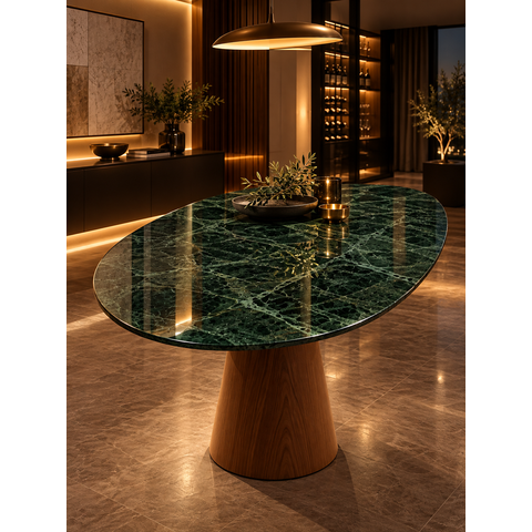 Mesa de Jantar Orgânica Prune Mármore Verde Guatemala 150x132cm Cone Freijó