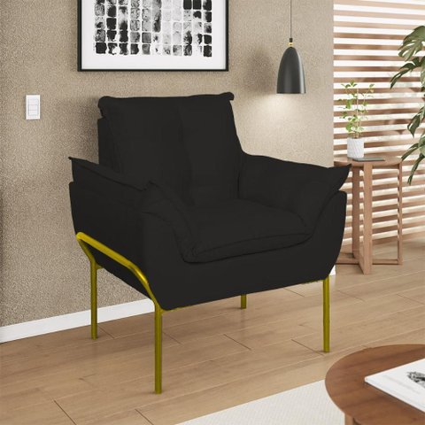 Poltrona Sofá Luxo Base Metal Dourada Recepção Escritório Cor:preto
