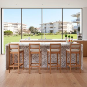 Kit 4 Banquetas Assento Encosto Estofado em Sintetico Hellen:mel com Sintetico Bege