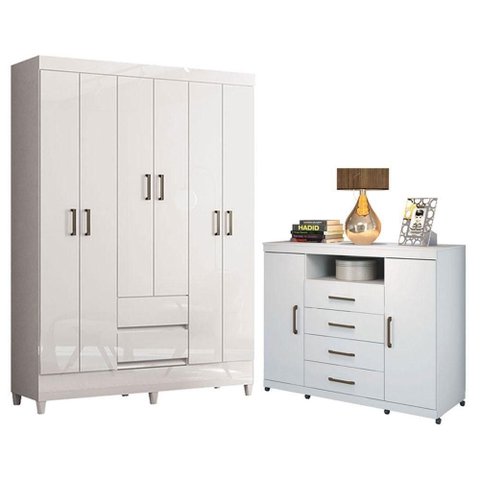 Guarda Roupa Casal Fit 6 Portas de Bater 2 Gavetas MDP com Cômoda e Pés Branco Brilho Santos Andir