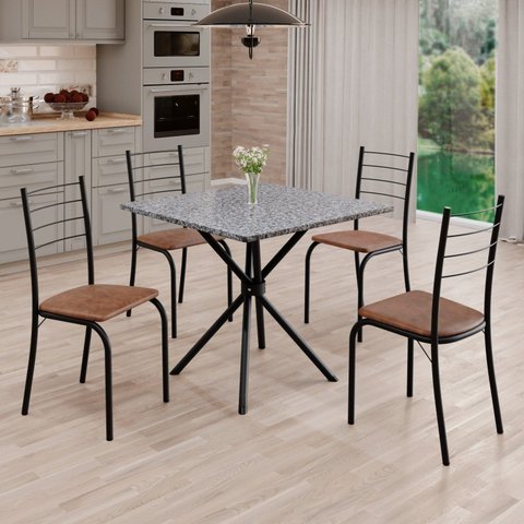 Conjunto Sala de Jantar Mesa Quadrada 75x75cm Tampo Granito Ocre 4 Cadeiras Rio Preto/C. Marrom/Fosco