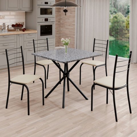 Conjunto Sala de Jantar Mesa Quadrada 75x75cm Tampo Granito Ocre 4 Cadeiras Rio Preto/Creme/Fosco