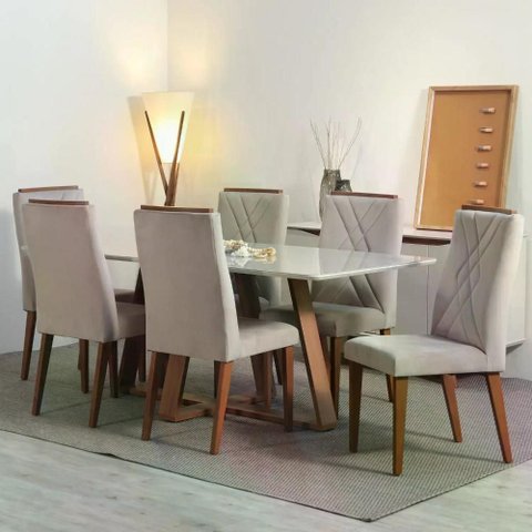 Conjunto de Jantar Mesa com Vidro Avena 6 Cadeiras Megan - Canella C/ Fendi