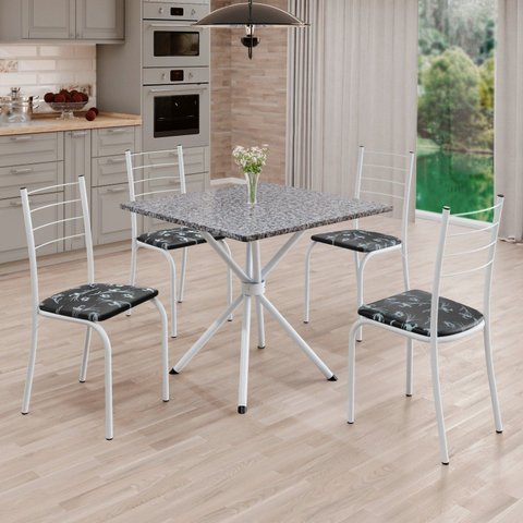Conjunto Sala de Jantar Mesa Quadrada 75x75cm Tampo Granito Ocre 4 Cadeiras Rio Branco/Preto Floral