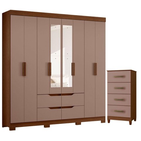 Guarda Roupa Casal Doble 08 Portas com Espelho e Cômoda Mobi Nogueira Capuccino - Móveis Albatroz