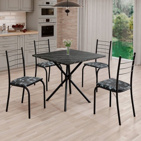 Conjunto Sala de Jantar Mesa Quadrada 75x75cm Tampo Ardósia Indiana 4 Cadeiras Rio Preto/Floral/Fosco