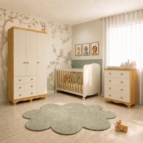 Quarto de Bebê Completo Berço, Guarda-Roupa e Cômoda MDF Mimo Espresso Móveis Bege/Off White/Amêndoa