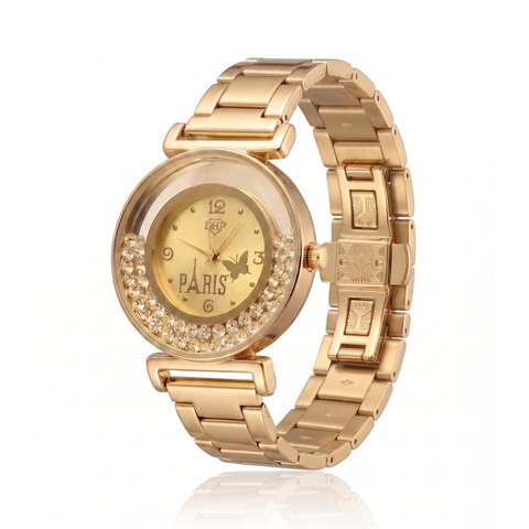 Relógio Feminino Luxo Paris com Strass Correa Metal + Caixa