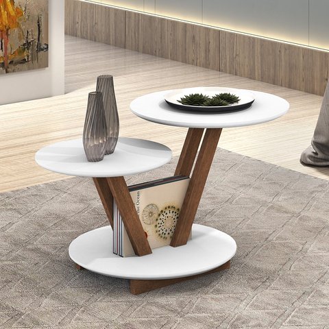 Mesa de Centro Decorativa Laguna Tampo Base Redonda Branca