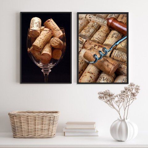 Kit 2 Quadros Fotografias Rusticas Vinho rolhas 24x18cm:madeira Preta
