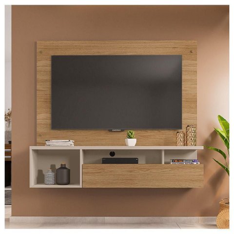 Painel para TV com Bancada Black Buriti-Off White 55 Polegadas MDP Preto Caemmun Móveis
