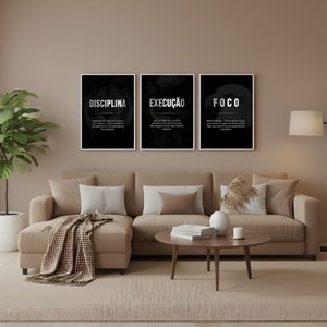 Kit 3 Quadros Motivacionais Preto e Branco com Moldura:branca