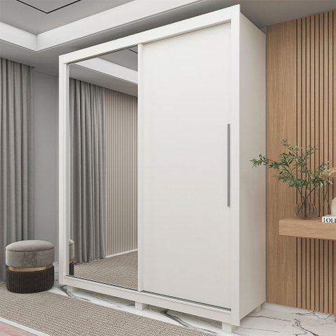 Guarda-Roupa Solteiro 2 Portas 1 Porta Espelhada com Pés Royale 100% MDF Branco