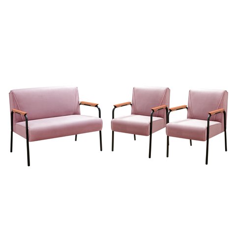 Kit Namoradeira + 2 Poltronas Jade Braços Metal Decoração Recepção Sala - Veludo Rosê