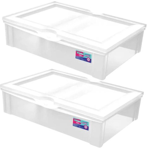 Kit 2 Caixas Organizadoras 29l Baixa com Tampa Plástica Radical Ordene Multiuso Transparente