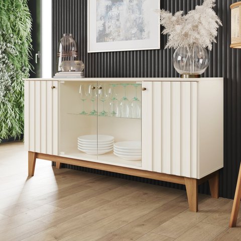 Buffet Aparador Tifany 4 Portas de Vidro 150,5cm em MDP com Detalhes Ripados Off White Nature