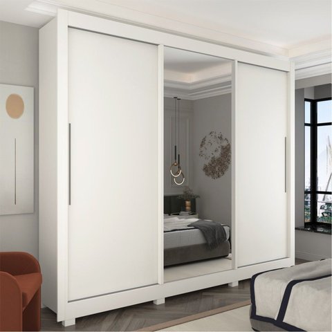 Guarda-Roupa Casal 3 Portas 1 Porta Espelhada com Pés Royale 100% MDF Branco/Acetinado