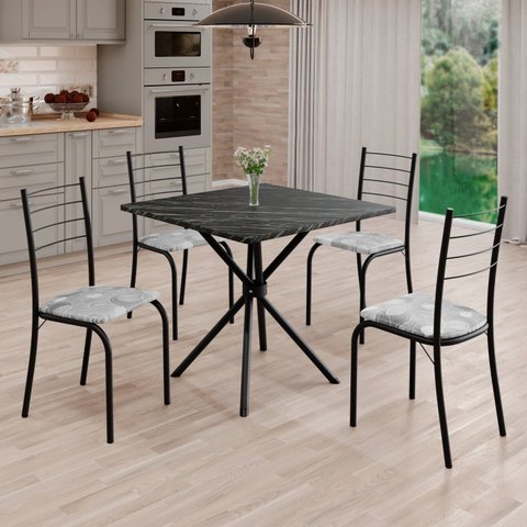 Conjunto Sala de Jantar Mesa Quadrada 75x75cm Tampo Ardósia Indiana 4 Cadeiras Rio Preto/Paraopeba/Fosco