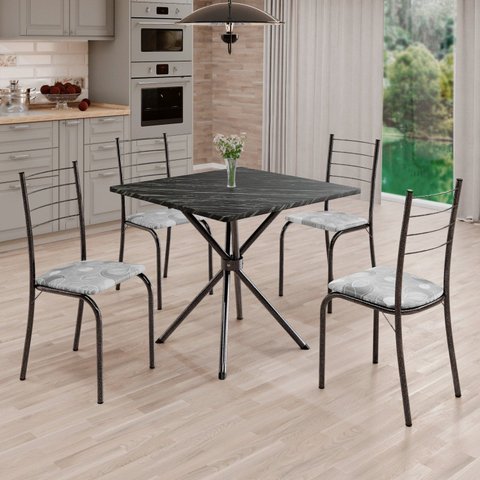 Conjunto Sala de Jantar Mesa Quadrada 75x75cm Tampo Ardósia Indiana 4 Cadeiras Rio Prata/Paraopeba/Mart