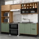 Ver imagem 1 de Cozinha Modulada Toscana 4 Peças MDF com Aéreo 1200 Porta de Vidro Basculante e Torre 2 Fornos Marrom/Freijó/Jade