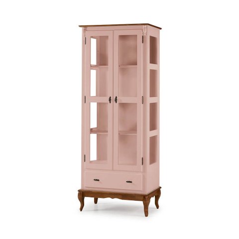 Cristaleira 2 Portas e Laterais em Vidro 1 Gaveta Pés Luis Xv Madeira - Laca Rosa Algodão/imbuia