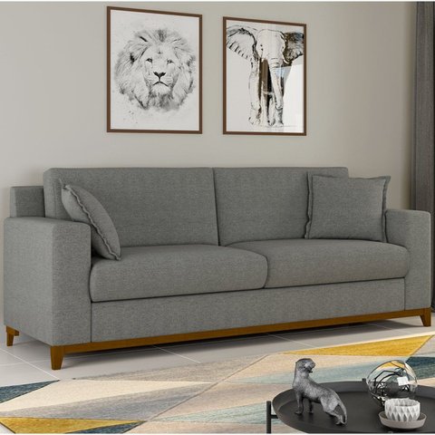 Sofá Living Vintage 3 Lugares Linho Cinza Slim 200cm