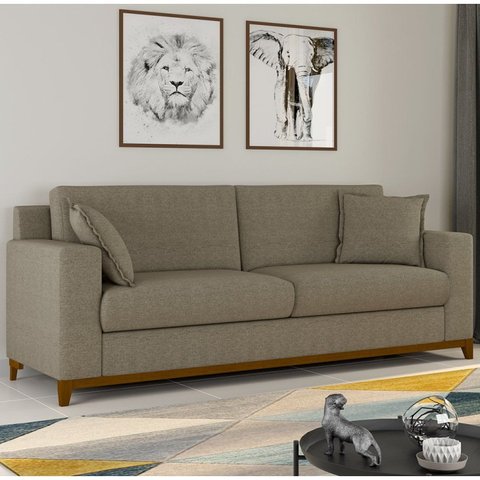 Sofá Vintage 3 Lugares Linho Bege Slim 200cm