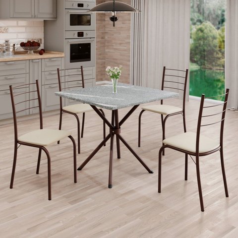 Conjunto Sala de Jantar Mesa Quadrada 70x70cm Tampo Granito Topázio 4 Cadeiras Rio Marrom/Creme