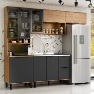Cozinha Modulada Toscana 4 Peças Mdf com Aéreo 1200 Porta de Vidro e Paneleiro