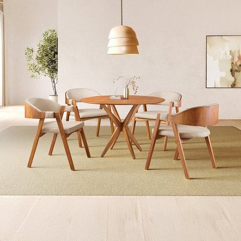 Conjunto de Mesa Redonda 108cm com 4 Cadeiras Gaia Yescasa Bege/Freijó