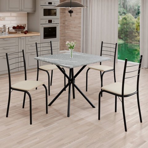 Conjunto Sala de Jantar Mesa Quadrada 70x70cm Tampo Granito Topázio 4 Cadeiras Rio Preto/Creme/Fosco