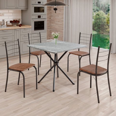 Conjunto Sala de Jantar Mesa Quadrada 70x70cm Tampo Granito Topázio 4 Cadeiras Rio Prata/C. Marrom/Mart