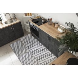 Kit Tapetes e Passadeira De Cozinha 3 Peças Antiderrapante Arabesco Geométrico Branco e Preto - 1