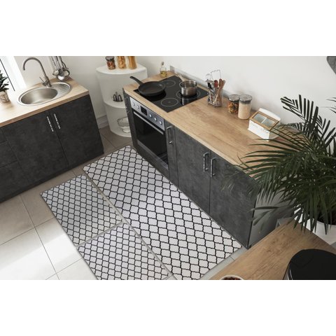 Kit Tapetes e Passadeira De Cozinha 3 Peças Antiderrapante Arabesco Geométrico Branco e Preto
