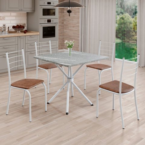 Conjunto Sala de Jantar Mesa Quadrada 70x70cm Tampo Granito Topázio 4 Cadeiras Rio Branco/C. Marrom