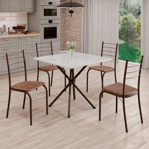 Conjunto Sala de Jantar Mesa Quadrada 70x70cm Tampo Madeira MDP 4 Cadeiras Rio Marrom/C.