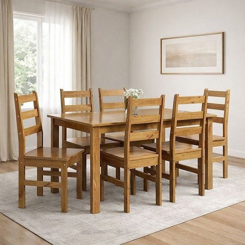 Conjunto com Mesa de Jantar 140cm Retangular e 6 Cadeiras 100% Madeira Maciça Serena Nogueira
