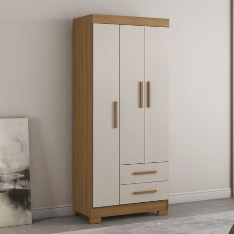 Guarda-Roupa Solteiro 3 Portas 2 Gavetas Laranja/Freijo Trend/Branco New