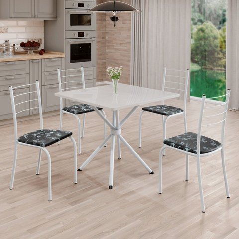 Conjunto Sala de Jantar Mesa Quadrada 70x70cm Tampo Madeira MDP 4 Cadeiras Rio Branco/Preto Floral
