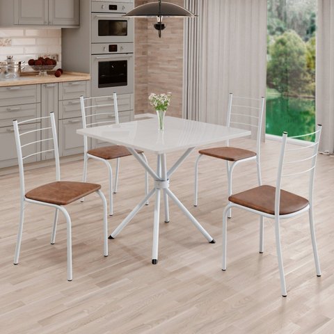 Conjunto Sala de Jantar Mesa Quadrada 70x70cm Tampo Madeira MDP 4 Cadeiras Rio Branco/C. Marrom
