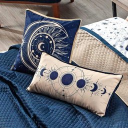 Cobre Leito Constelações Azul Marinho-caqui Dupla Face com Almofadas Queen 07 Peças Astrologia - 4