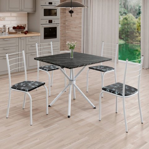 Conjunto Sala de Jantar Mesa Quadrada 70x70cm Tampo Madeira MDP Indiana 4 Cadeiras Rio Branco/Preto Floral