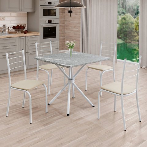 Conjunto Sala de Jantar Mesa Quadrada 70x70cm Tampo Madeira MDP 4 Cadeiras Rio Branco/Creme